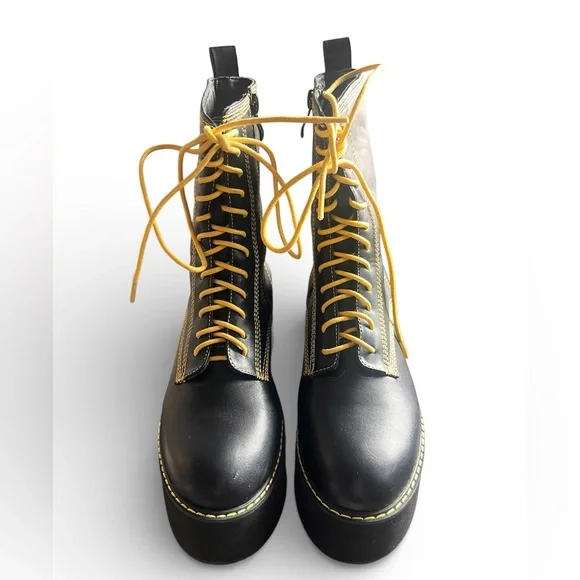 Nasty Gal Black Platform Lace-Up Boots with Yellow Stitching and Laces - Picture 4 of 8